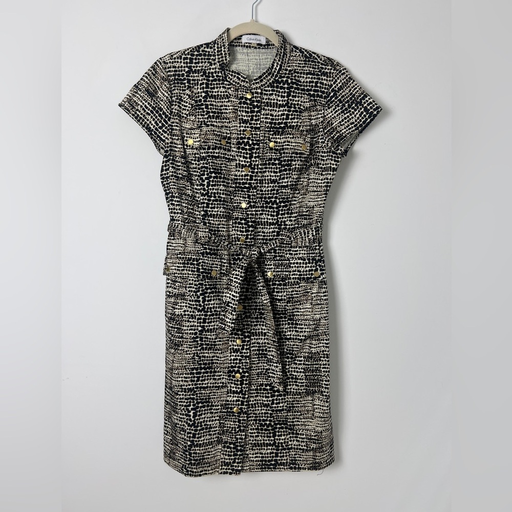 Calvin Klein Size 12 Animal Print Safari Snap Front Belted Cotton Shift Dress